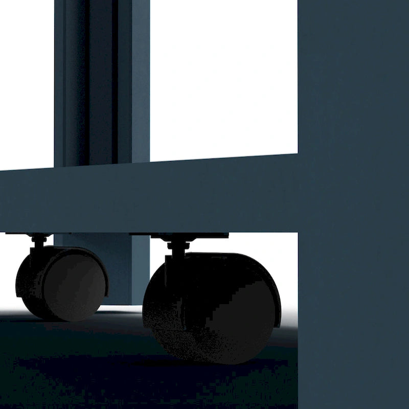 48" Farmhouse Coffee Table - Two-Tone Blue Denim & Whiskey Finish, Knotty Alder Top, 5 Caster Wheels, No Assembly, Lower Shelf