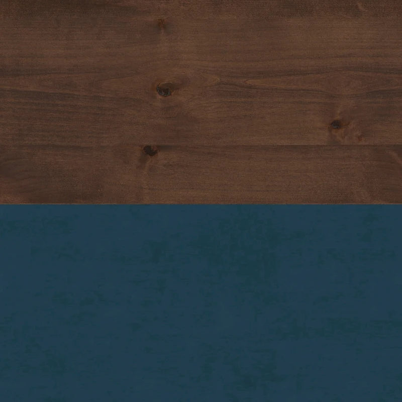 48" Farmhouse Coffee Table - Two-Tone Blue Denim & Whiskey Finish, Knotty Alder Top, 5 Caster Wheels, No Assembly, Lower Shelf