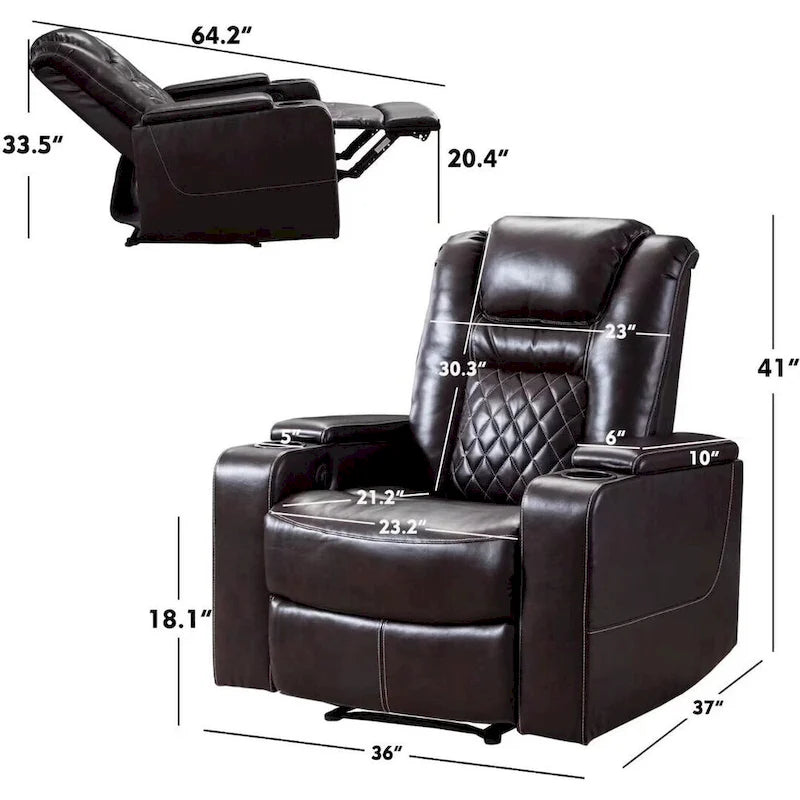 Electric Power Recliner Chair - Home Theater Seating with USB Charging, Cup Holders, Storage Armrests, Leather, 300 lbs Capacity