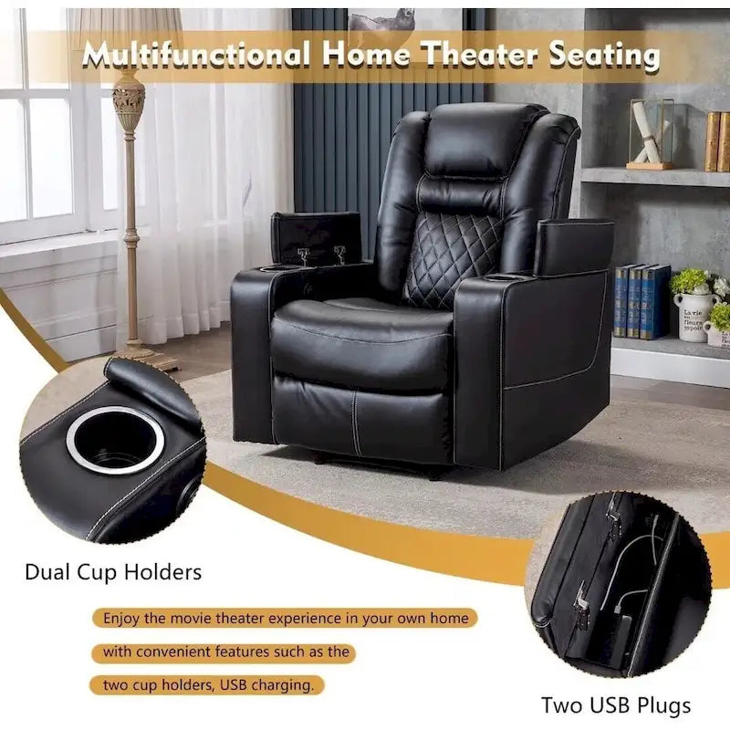 Electric Power Recliner Chair - Home Theater Seating with USB Charging, Cup Holders, Storage Armrests, Leather, 300 lbs Capacity
