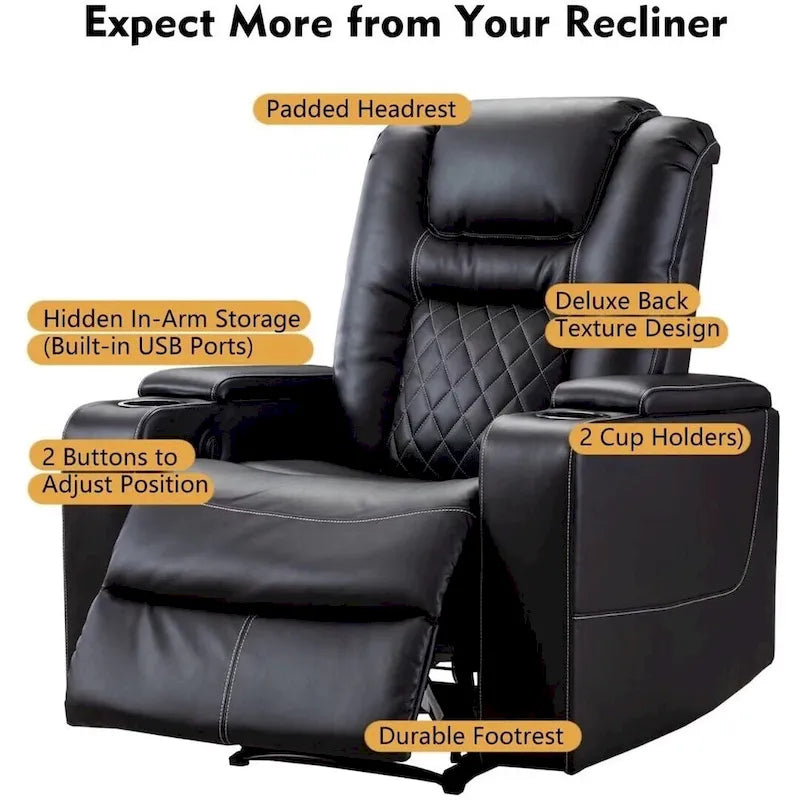 Electric Power Recliner Chair - Home Theater Seating with USB Charging, Cup Holders, Storage Armrests, Leather, 300 lbs Capacity
