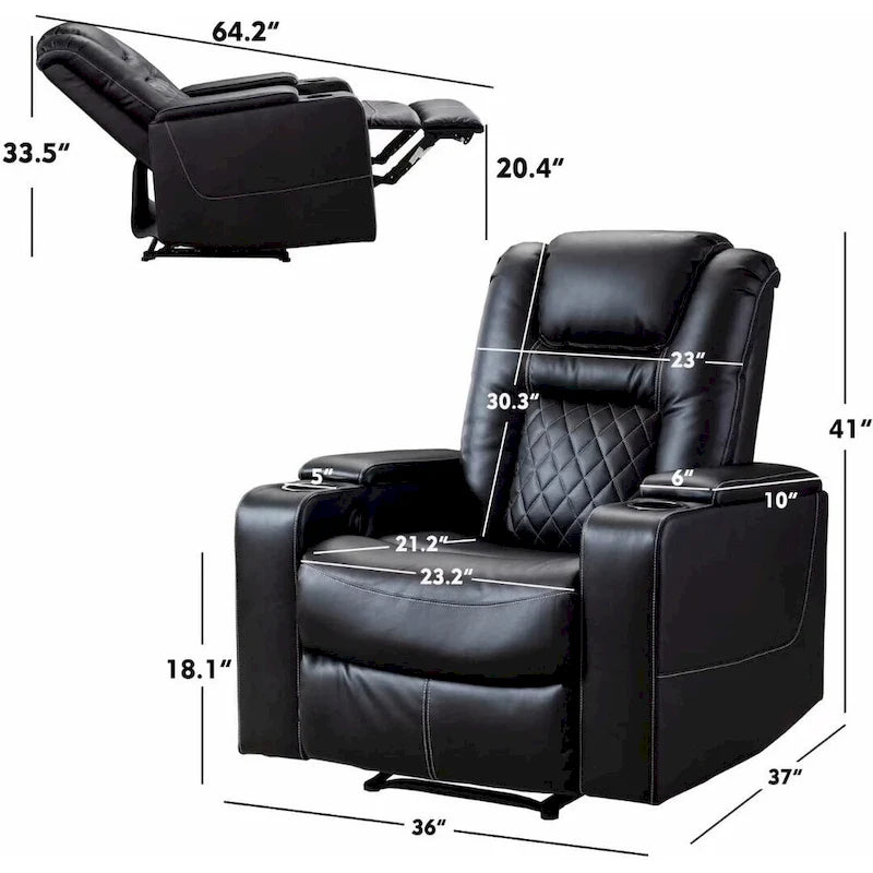 Electric Power Recliner Chair - Home Theater Seating with USB Charging, Cup Holders, Storage Armrests, Leather, 300 lbs Capacity