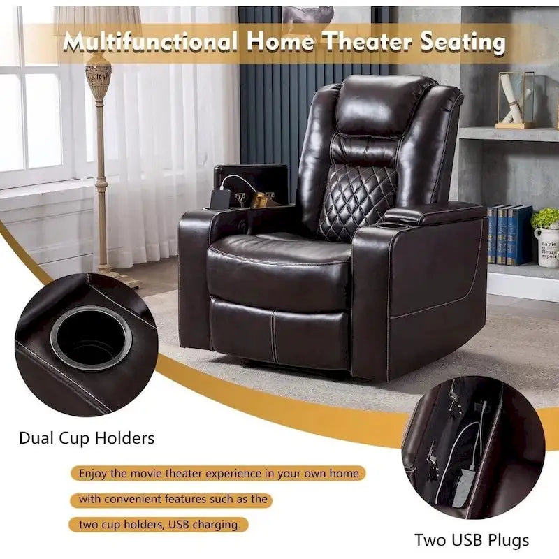 Electric Power Recliner Chair - Home Theater Seating with USB Charging, Cup Holders, Storage Armrests, Leather, 300 lbs Capacity