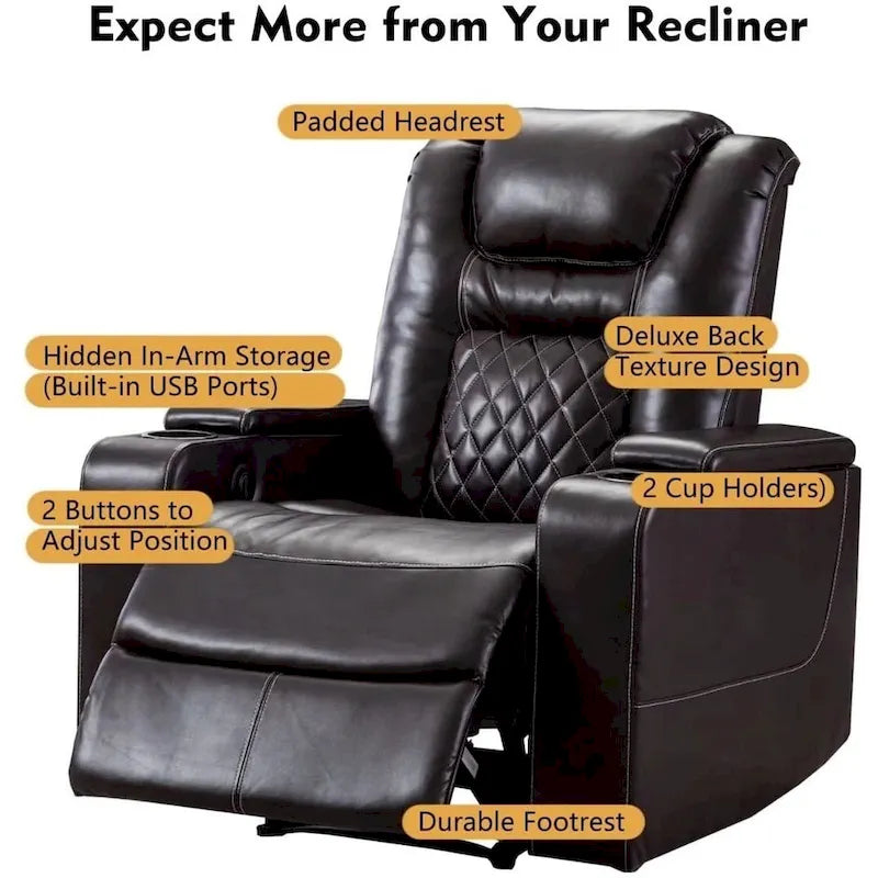 Electric Power Recliner Chair - Home Theater Seating with USB Charging, Cup Holders, Storage Armrests, Leather, 300 lbs Capacity