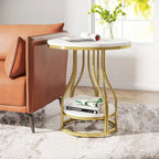 Round Side Table with 2-Tier Storage, White & Gold Finish, Metal Frame, Modern Bedside End Table for Living Room Bedroom