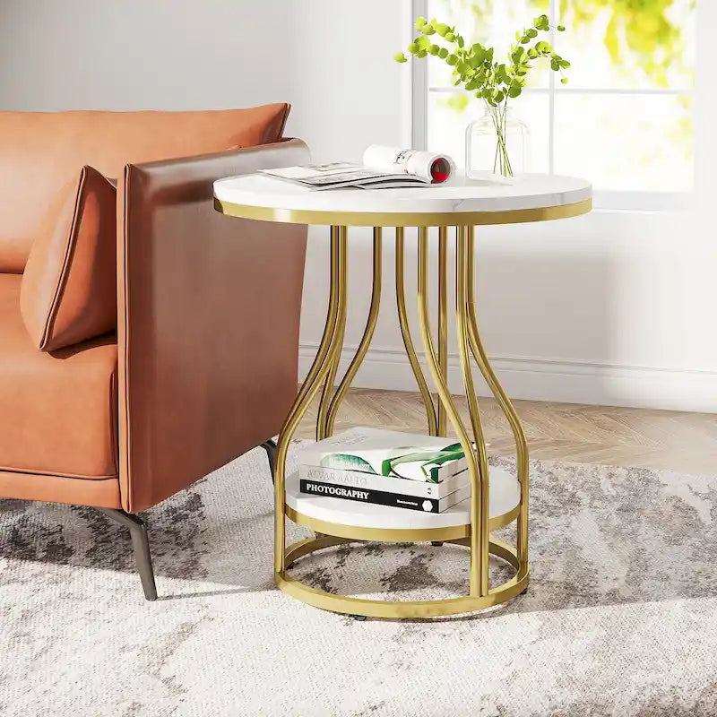 Round Side Table with 2-Tier Storage, White & Gold Finish, Metal Frame, Modern Bedside End Table for Living Room Bedroom