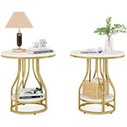 Round Side Table with 2-Tier Storage, White & Gold Finish, Metal Frame, Modern Bedside End Table for Living Room Bedroom
