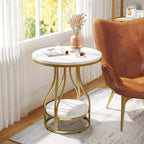 Round Side Table with 2-Tier Storage, White & Gold Finish, Metal Frame, Modern Bedside End Table for Living Room Bedroom