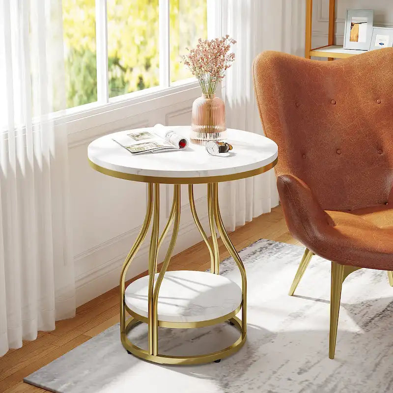 Round Side Table with 2-Tier Storage, White & Gold Finish, Metal Frame, Modern Bedside End Table for Living Room Bedroom