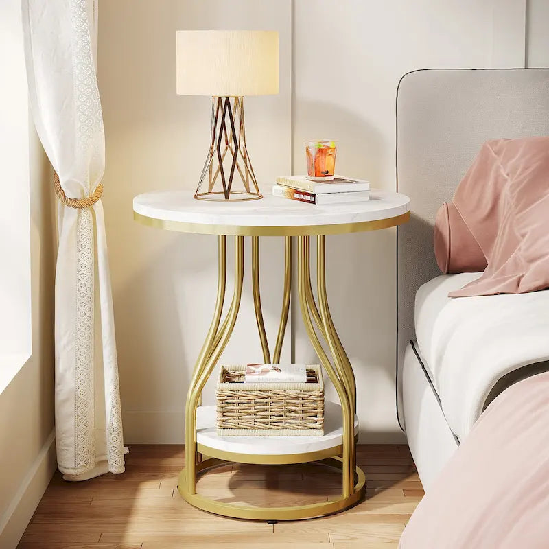 Round Side Table with 2-Tier Storage, White & Gold Finish, Metal Frame, Modern Bedside End Table for Living Room Bedroom