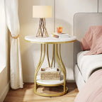 Round Side Table with 2-Tier Storage, White & Gold Finish, Metal Frame, Modern Bedside End Table for Living Room Bedroom