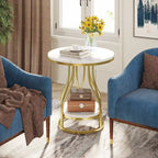 Round Side Table with 2-Tier Storage, White & Gold Finish, Metal Frame, Modern Bedside End Table for Living Room Bedroom