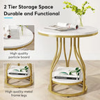 Round Side Table with 2-Tier Storage, White & Gold Finish, Metal Frame, Modern Bedside End Table for Living Room Bedroom