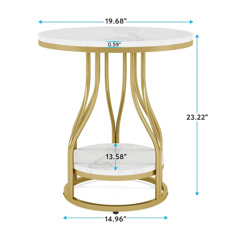 Round Side Table with 2-Tier Storage, White & Gold Finish, Metal Frame, Modern Bedside End Table for Living Room Bedroom