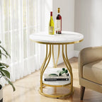 Round Side Table with 2-Tier Storage, White & Gold Finish, Metal Frame, Modern Bedside End Table for Living Room Bedroom