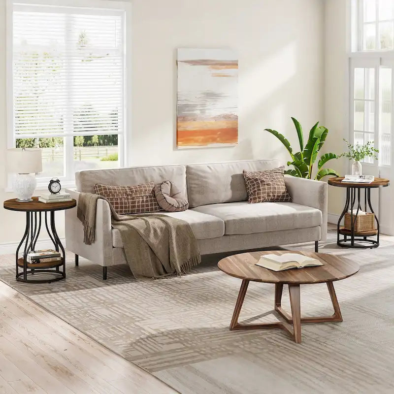 Round Side Table with 2-Tier Storage, White & Gold Finish, Metal Frame, Modern Bedside End Table for Living Room Bedroom