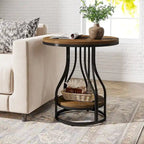 Round Side Table with 2-Tier Storage, White & Gold Finish, Metal Frame, Modern Bedside End Table for Living Room Bedroom