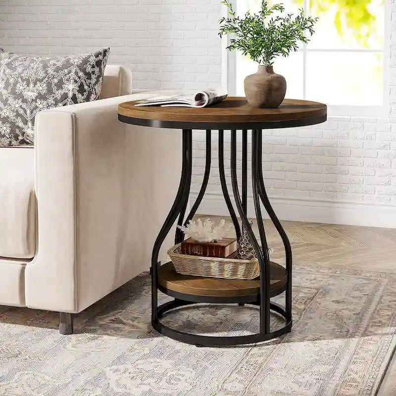 Round Side Table with 2-Tier Storage, White & Gold Finish, Metal Frame, Modern Bedside End Table for Living Room Bedroom