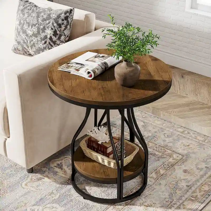 Round Side Table with 2-Tier Storage, White & Gold Finish, Metal Frame, Modern Bedside End Table for Living Room Bedroom