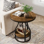 Round Side Table with 2-Tier Storage, White & Gold Finish, Metal Frame, Modern Bedside End Table for Living Room Bedroom