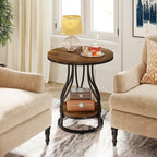 Round Side Table with 2-Tier Storage, White & Gold Finish, Metal Frame, Modern Bedside End Table for Living Room Bedroom