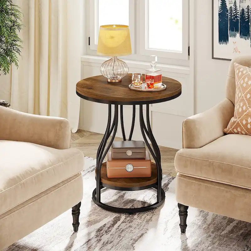 Round Side Table with 2-Tier Storage, White & Gold Finish, Metal Frame, Modern Bedside End Table for Living Room Bedroom