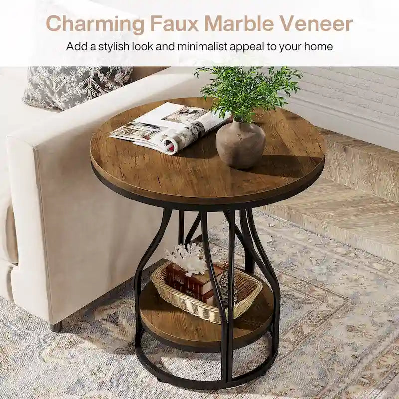 Round Side Table with 2-Tier Storage, White & Gold Finish, Metal Frame, Modern Bedside End Table for Living Room Bedroom