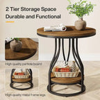 Round Side Table with 2-Tier Storage, White & Gold Finish, Metal Frame, Modern Bedside End Table for Living Room Bedroom