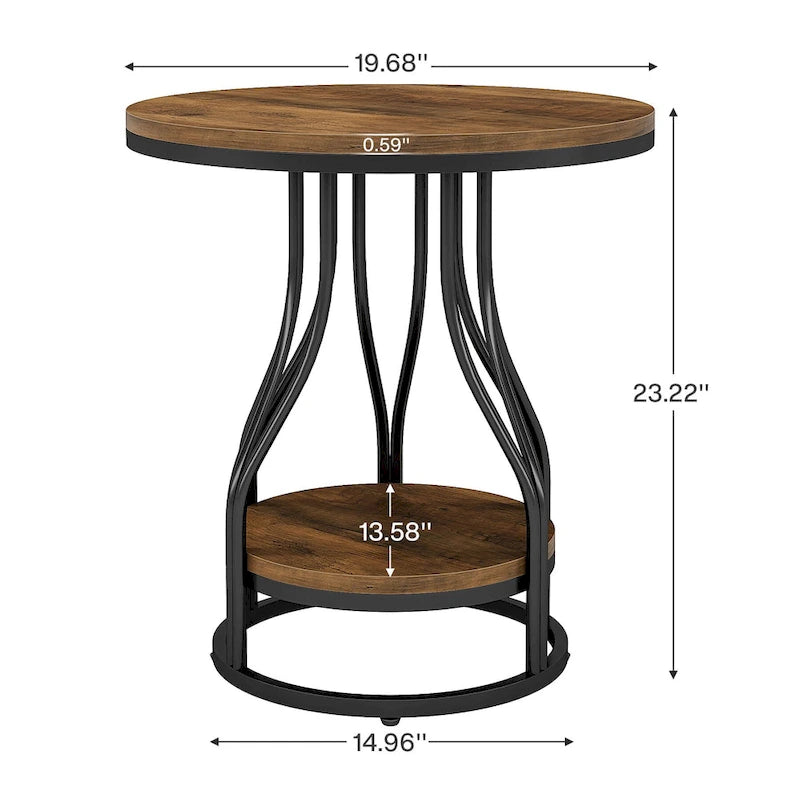 Round Side Table with 2-Tier Storage, White & Gold Finish, Metal Frame, Modern Bedside End Table for Living Room Bedroom
