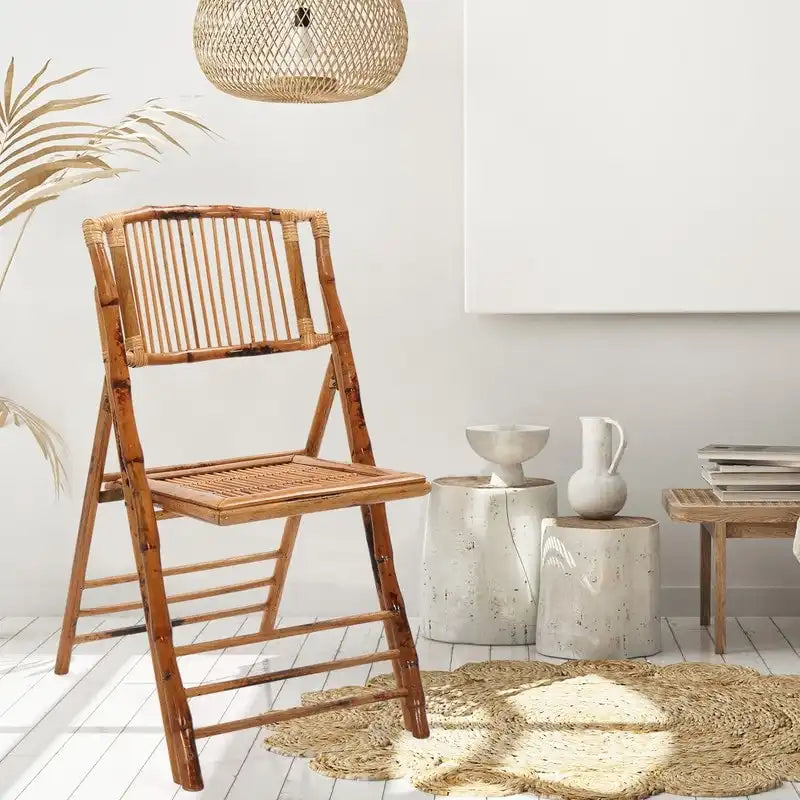 Folding Bamboo Rattan Chair for Indoor/Outdoor, 300 lbs Capacity, Rustic Style, No Assembly, Brown