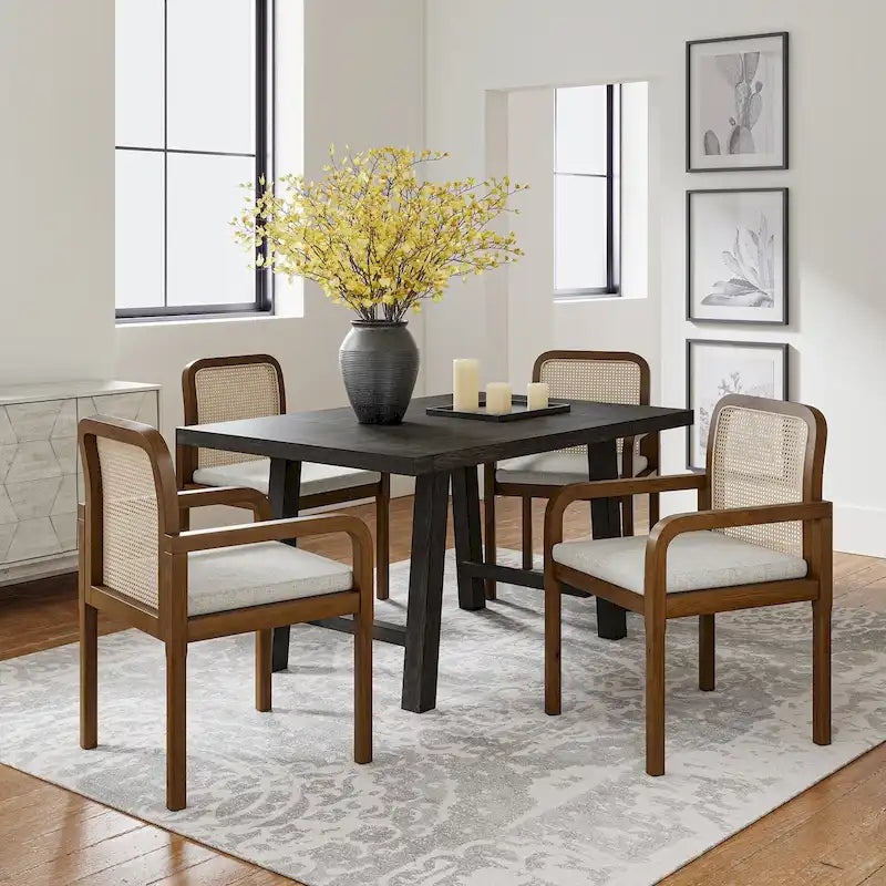 Rattan Back Dining Chairs Set of 4 with Removable Cushions, Modern Farmhouse Linen Upholstered Chairs