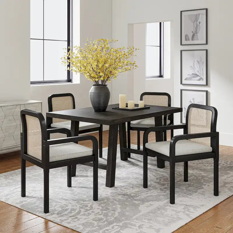Rattan Back Dining Chairs Set of 4 with Removable Cushions, Modern Farmhouse Linen Upholstered Chairs