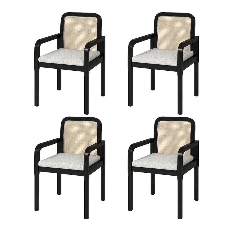 Rattan Back Dining Chairs Set of 4 with Removable Cushions, Modern Farmhouse Linen Upholstered Chairs