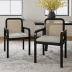 Rattan Back Dining Chairs Set of 4 with Removable Cushions, Modern Farmhouse Linen Upholstered Chairs