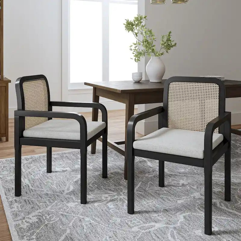 Rattan Back Dining Chairs Set of 4 with Removable Cushions, Modern Farmhouse Linen Upholstered Chairs