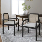 Rattan Back Dining Chairs Set of 4 with Removable Cushions, Modern Farmhouse Linen Upholstered Chairs