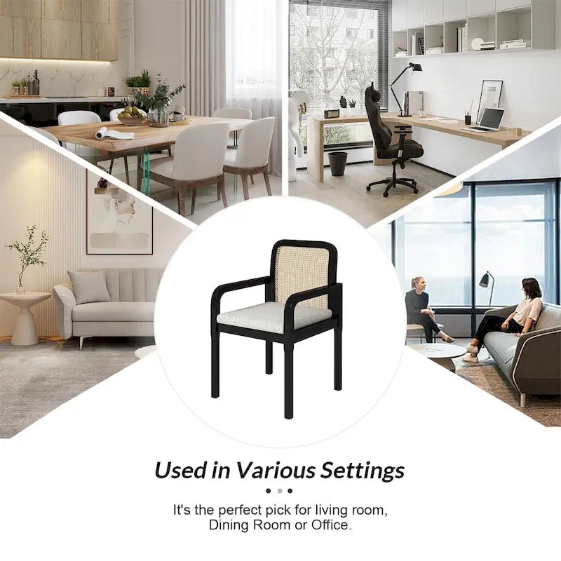 Rattan Back Dining Chairs Set of 4 with Removable Cushions, Modern Farmhouse Linen Upholstered Chairs