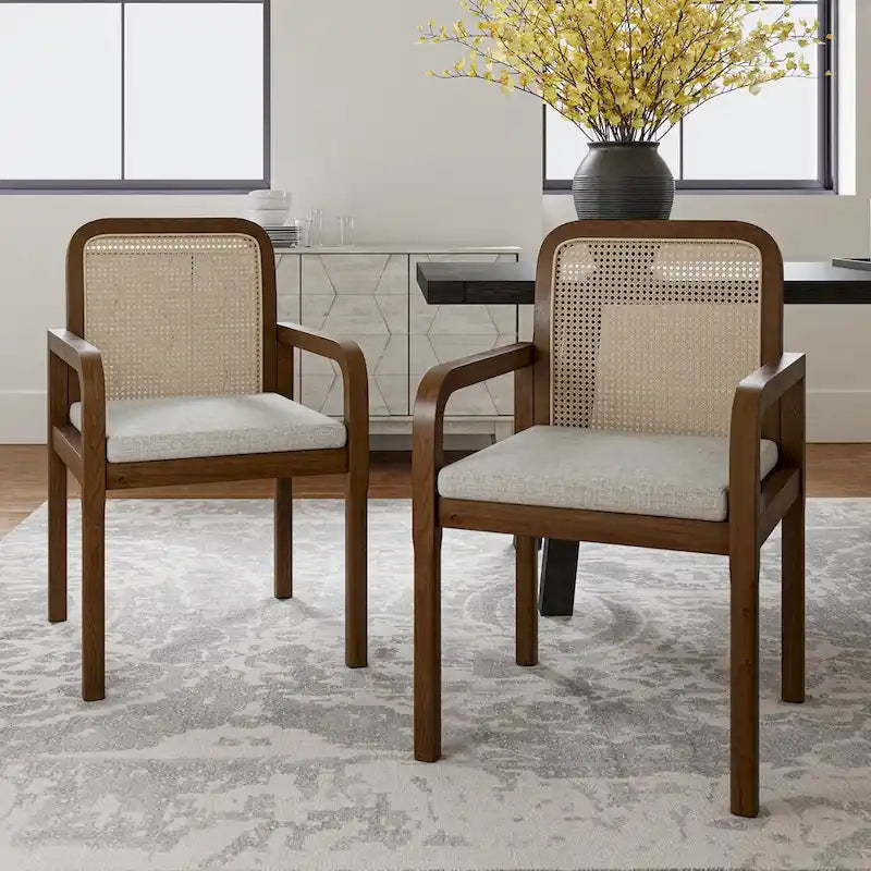 Rattan Back Dining Chairs Set of 4 with Removable Cushions, Modern Farmhouse Linen Upholstered Chairs