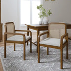 Rattan Back Dining Chairs Set of 4 with Removable Cushions, Modern Farmhouse Linen Upholstered Chairs