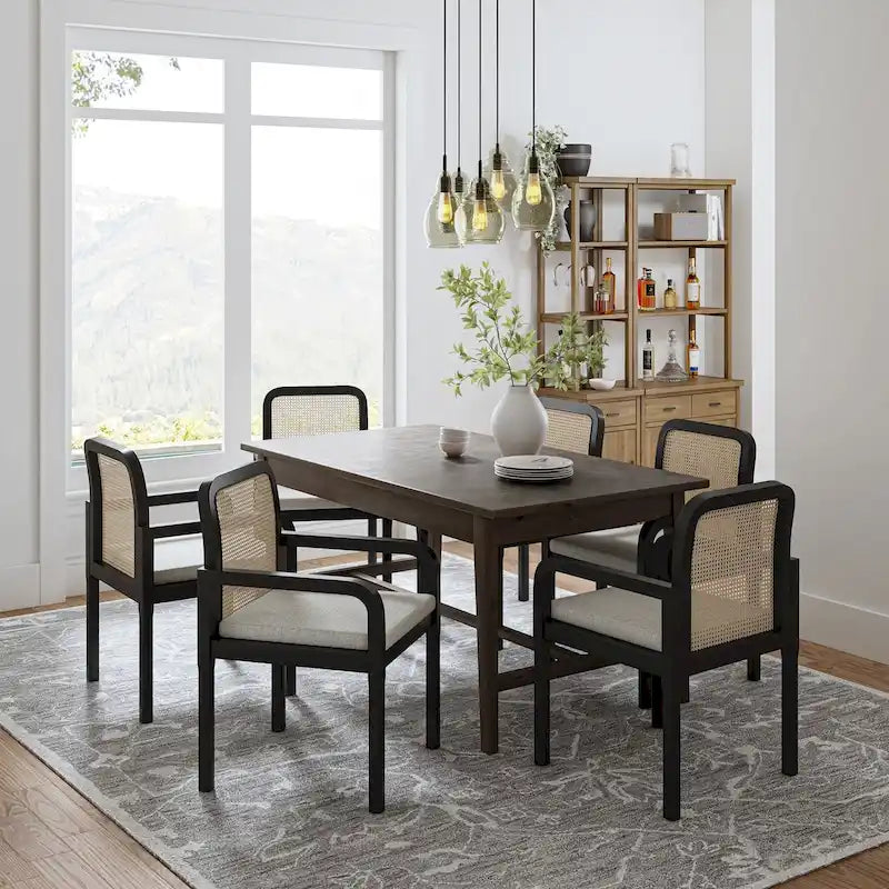 Rattan Back Dining Chairs Set of 6 with Removable Cushions, Modern Farmhouse Linen Upholstered Chairs