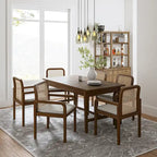 Rattan Back Dining Chairs Set of 6 with Removable Cushions, Modern Farmhouse Linen Upholstered Chairs