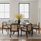 Rattan Back Dining Chairs Set of 6 with Removable Cushions, Modern Farmhouse Linen Upholstered Chairs