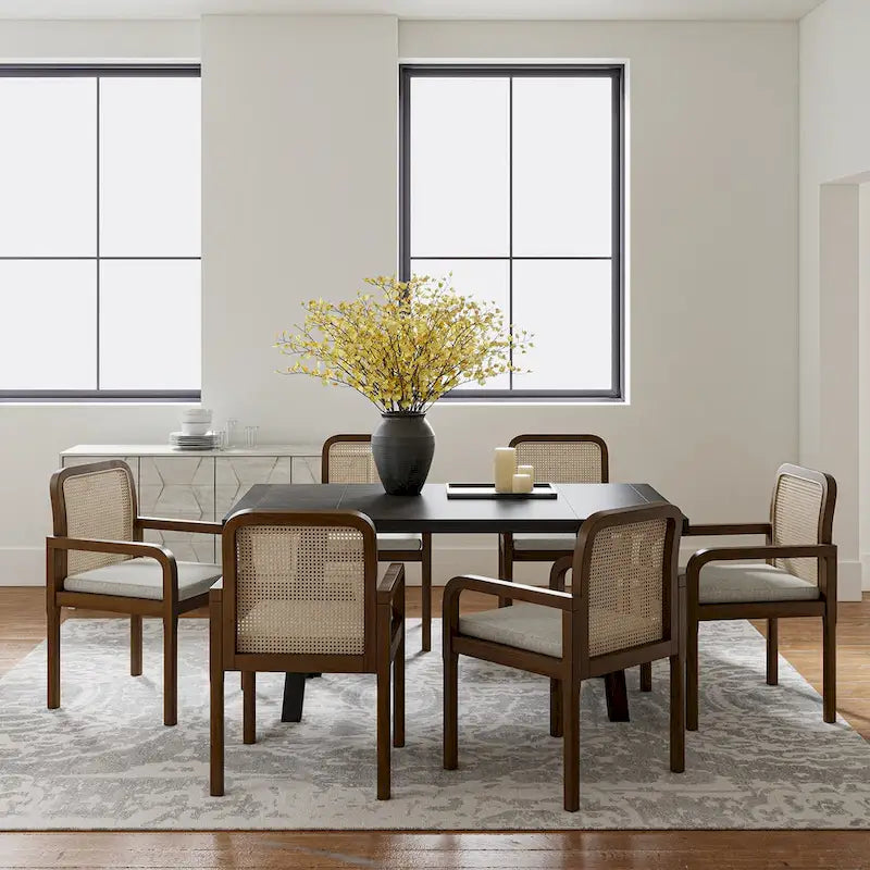 Rattan Back Dining Chairs Set of 6 with Removable Cushions, Modern Farmhouse Linen Upholstered Chairs