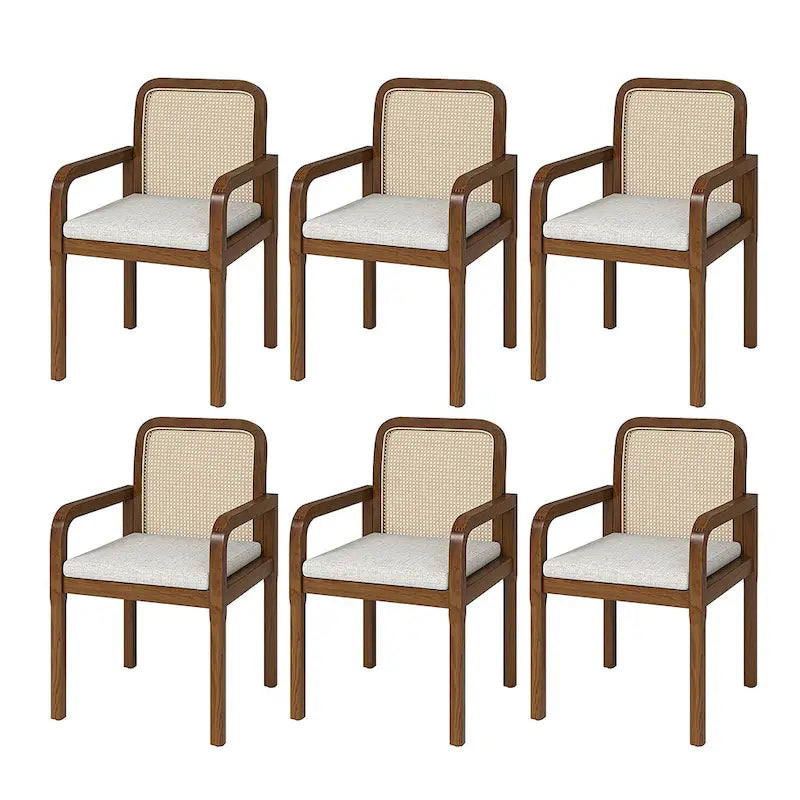 Rattan Back Dining Chairs Set of 6 with Removable Cushions, Modern Farmhouse Linen Upholstered Chairs