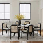 Rattan Back Dining Chairs Set of 6 with Removable Cushions, Modern Farmhouse Linen Upholstered Chairs