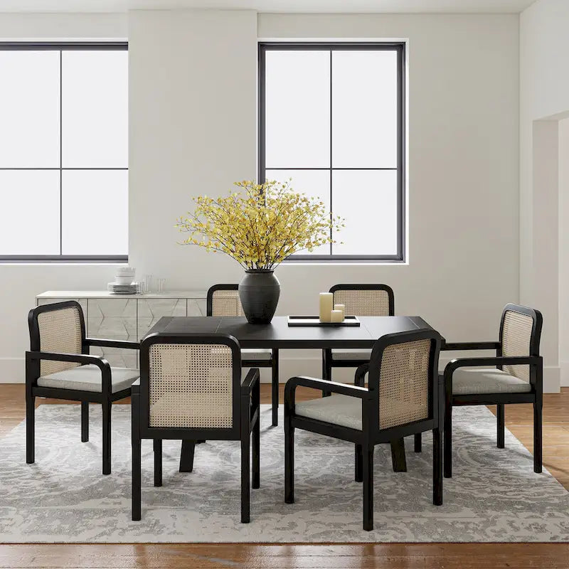 Rattan Back Dining Chairs Set of 6 with Removable Cushions, Modern Farmhouse Linen Upholstered Chairs