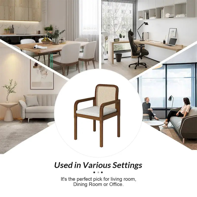 Rattan Back Dining Chairs Set of 6 with Removable Cushions, Modern Farmhouse Linen Upholstered Chairs