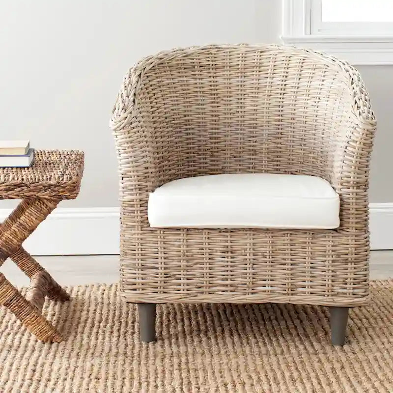 Rattan Barrel Chair with Cushion - British Colonial Style, Intricately Woven, White Cushion, 29" W x 27" D x 33" H Accent Chair