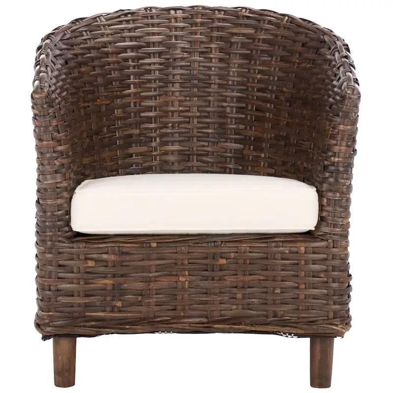 Rattan Barrel Chair with Cushion - British Colonial Style, Intricately Woven, White Cushion, 29" W x 27" D x 33" H Accent Chair