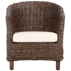 Rattan Barrel Chair with Cushion - British Colonial Style, Intricately Woven, White Cushion, 29" W x 27" D x 33" H Accent Chair